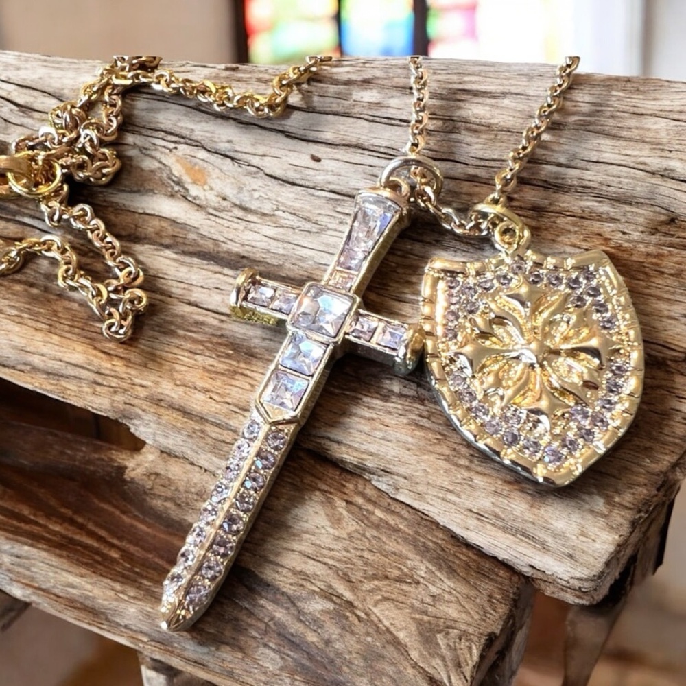 Sparkling Gold Toned Cross Sword Necklace with Shield DND Paladin - Picture 7 of 17